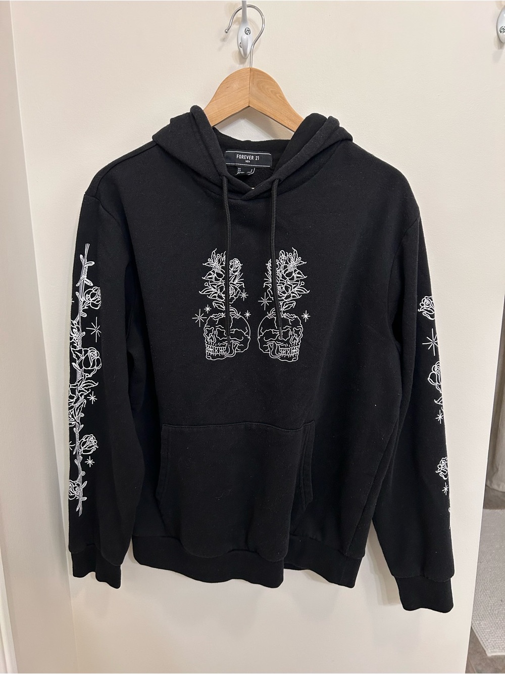 Forever 21 Black Hoodie with White Skull & Rose Graphics